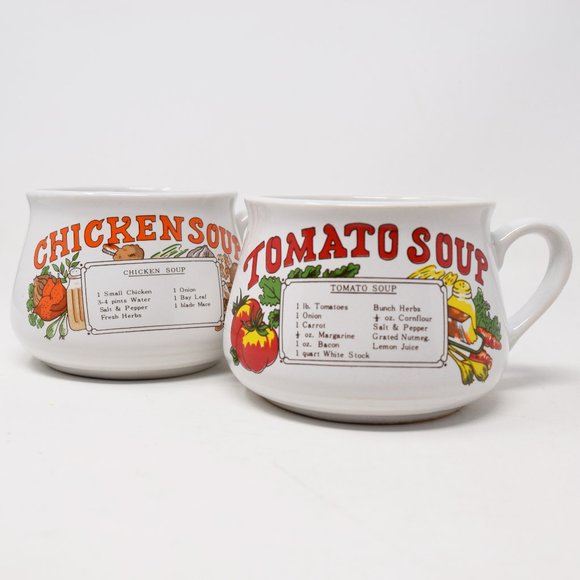 2 Vintage Tomato Chicken Soup Recipe Mug Bowl Set Ingredients 70s Comfort Food - Picture 1 of 14